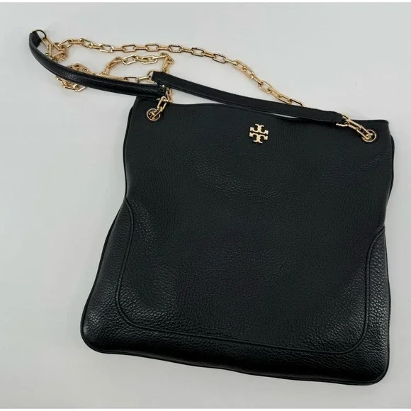 Tory Burch Black Pebbled Leather Tote Gold Chain Strap Shoulder Bag Classic Chic - Picture 3 of 14